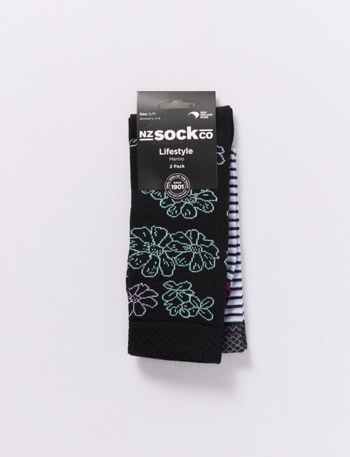 NZ Sock Co. Merino Crew Sock, 2-Pack, Floral & Stripe, 4-11 product photo View 02 L