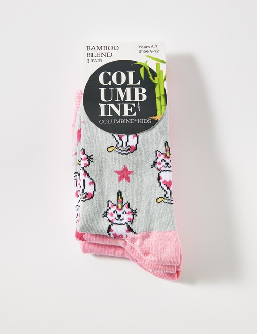 Columbine Kittycorn Bamboo Crew Sock, 3-Pack, Grey & Pink product photo View 02 L