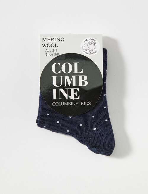 Columbine Pin Dot Merino Crew Sock, Navy & White product photo View 02 L