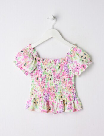 Mac & Ellie Floral Shirred Top, White & Pink product photo