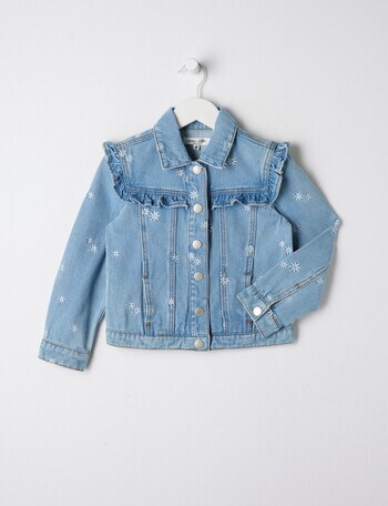 Mac & Ellie Embroidered Daisy Demin Frill Jacket, Mid Blue product photo