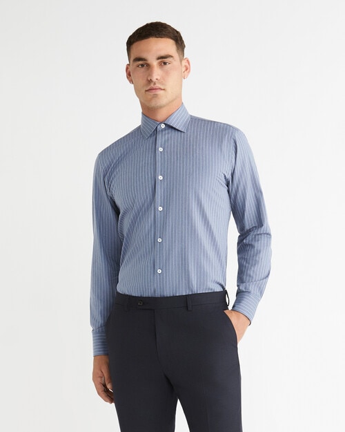 Calvin Klein Slim Fit Stripe Long-Sleeve Shirt, Blue - Mens Clearance