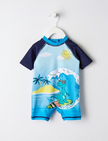 Teeny Weeny Dino Surf Short-Sleeve Rash Suit, Blue product photo
