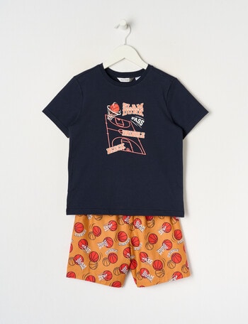 Sleep Mode Basketball Knit Woven PJ Set, Navy & Mandarin, 2-8 product photo