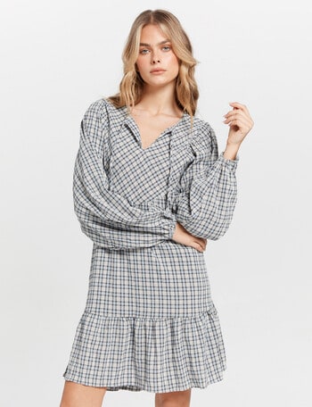 ONLY Nomi Long Sleeve V-Neck Check Dress, Blue Fog product photo