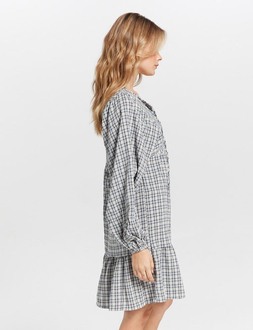 ONLY Nomi Long Sleeve V-Neck Check Dress, Blue Fog product photo View 02 L