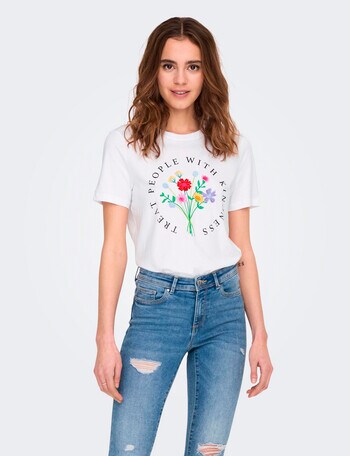ONLY Emma Short Sleeve Flower Top, Bright White - Tops