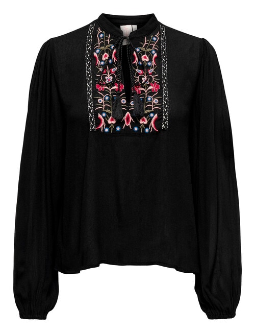 ONLY Marie Long Sleeve Embroidered Top, Black - Tops