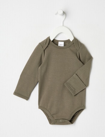 Teeny Weeny Essentials Stretch Cotton Long-Sleeve Bodysuit, Olive product photo