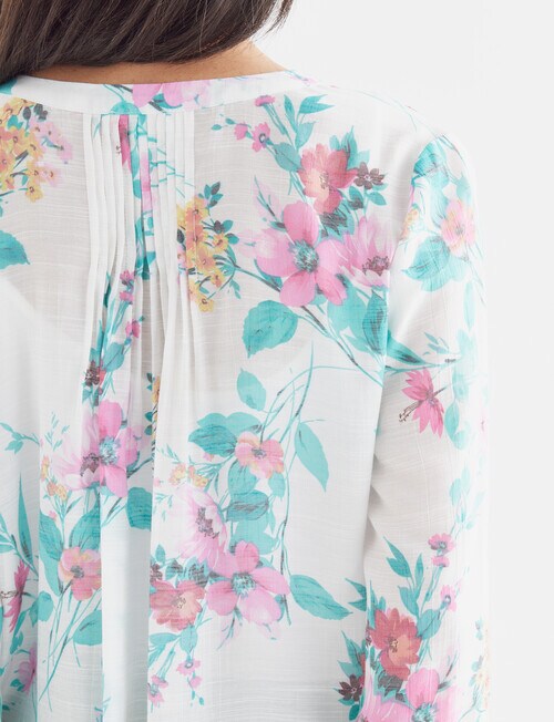 Ella J Garden Print Pleat Detail Shirt, White & Pink - Tops