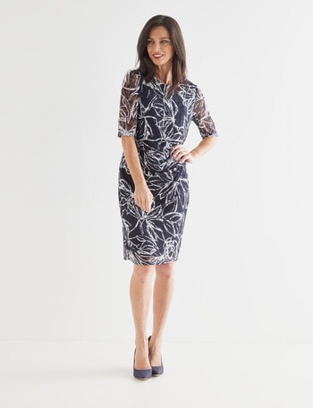 Ella J Lace Elbow Sleeve Shift Dress, Navy product photo
