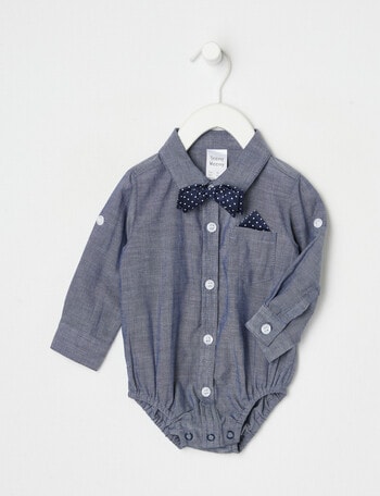 Teeny Weeny All Dressed Up Long-Sleeve Woven Bodysuit, Navy product photo