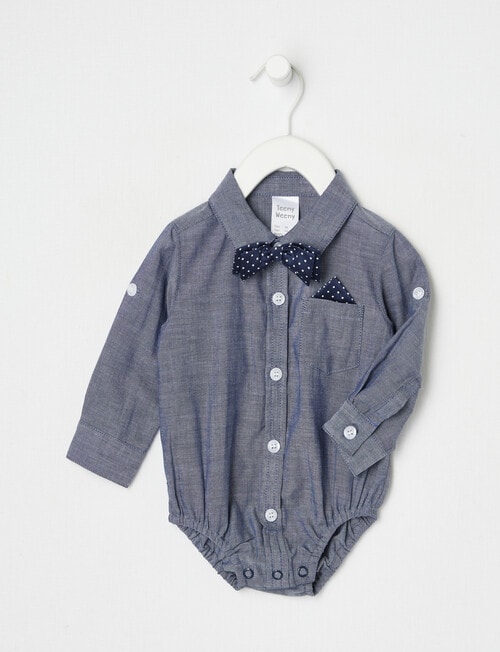 Teeny Weeny All Dressed Up Long-Sleeve Woven Bodysuit, Navy product photo