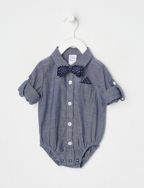 Teeny Weeny All Dressed Up Long-Sleeve Woven Bodysuit, Navy product photo View 02 L