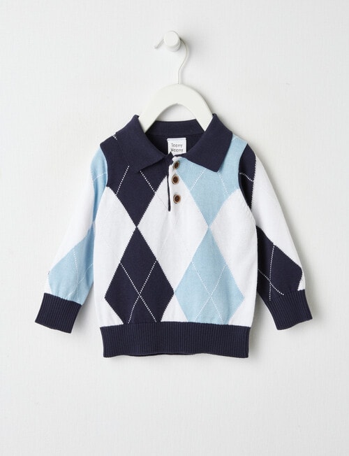 Teeny Weeny All Dressed Up Knit Henley Collared Jumper, Blue product photo