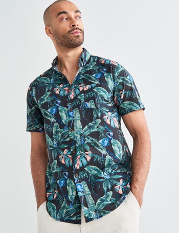 Gasoline Flamingo Cotton Slub Short Sleeve Shirt, Navy - Casual Shirts