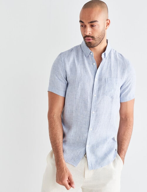 Gasoline Short Sleeve Textured Linen Shirt, Light Blue product photo