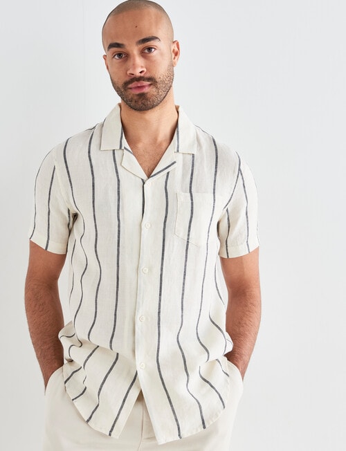 Gasoline Stripe Linen Cuban Resort Shirt, Sand - Casual Shirts