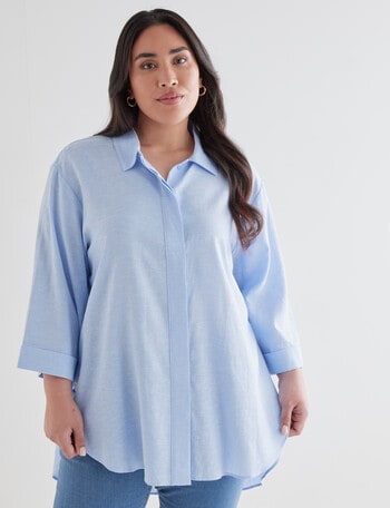 Studio Curve Linen Blend Longline Shirt, Light Blue - Tops