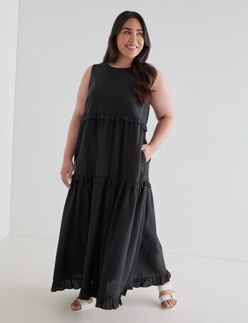 Studio Curve Linen Blend Maxi Tiered Dress, Black product photo