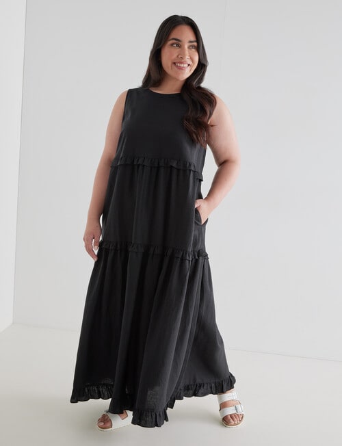 Studio Curve Linen Blend Maxi Tiered Dress, Black - Dresses & Skirts