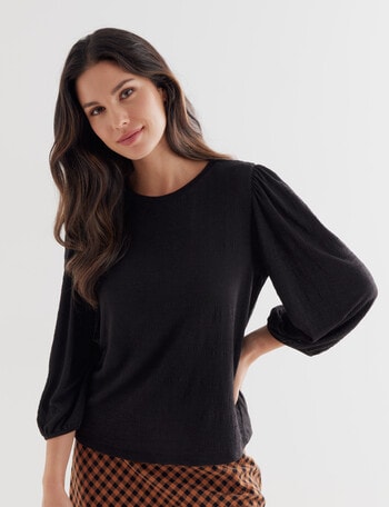 Whistle 3/4 Puff Sleeve Textured Fabric Tee, Black product photo