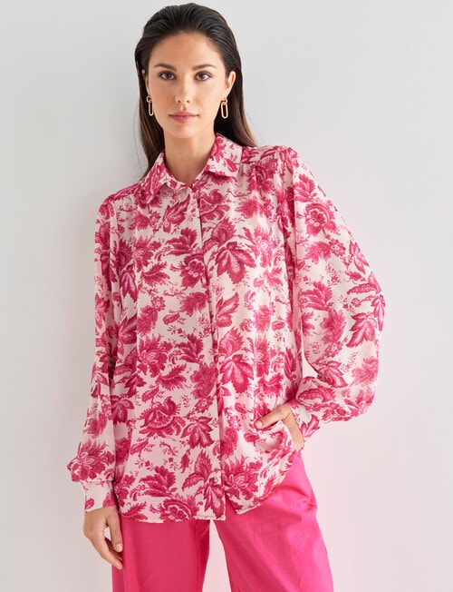 Whistle Floral Long Sleeve Printed Fashion Blouse, Pink - Tops