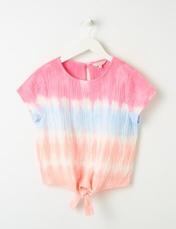 Switch Tie Dye Short Sleeve Tie Front Top, Pink product photo