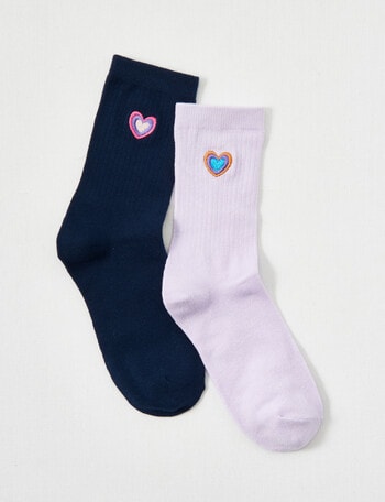 Simon De Winter Embroidered Heart Rib Crew Sock, 2-Pack, Navy & Purple product photo