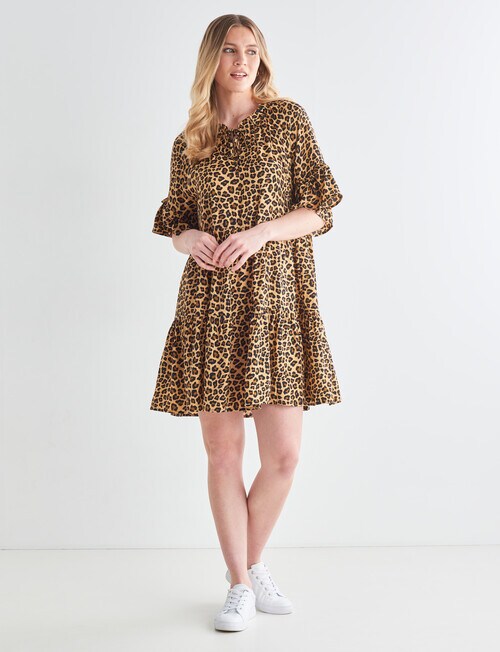 Whistle Animal Print Ruffle Sleeve Dress, Beige Dresses