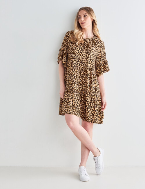 Whistle Animal Print Ruffle Sleeve Dress, Beige product photo View 03 L