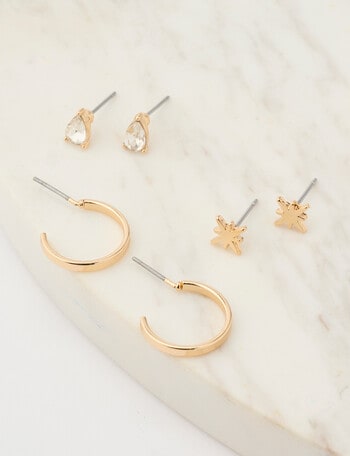 Earsense Starburst, Crystal & 12mm Hoop Trio Earrings, Imitation Gold product photo