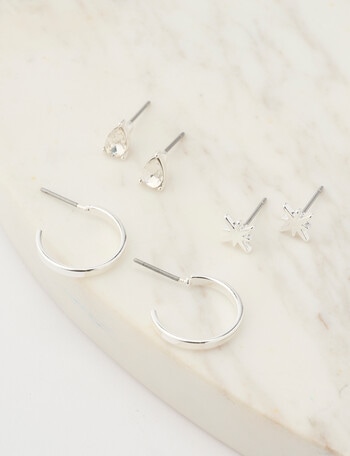 Earsense Starburst, Crystal & 12mm Hoop Trio Earrings, Imitation Silver product photo