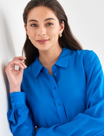 Whistle Long Sleeve Classic Silk Shirt, Electric Blue - Tops