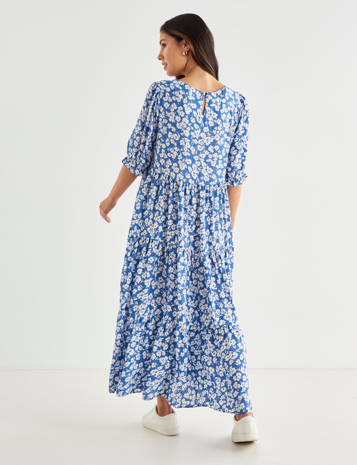 Whistle Leaf Short Sleeve Tiered Midi Dress, Blue Dresses
