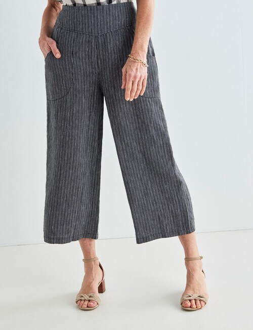 Ella J Stripe Flat Front Linen Crop Pant, Black - Pants & Leggings