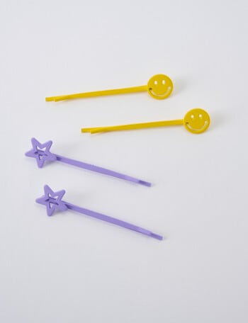 Switch Star Smiley Slider Hair Clips, 4-Pack, Purple & Yellow product photo