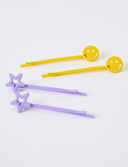 Switch Star Smiley Slider Hair Clips, 4-Pack, Purple & Yellow product photo View 03 L