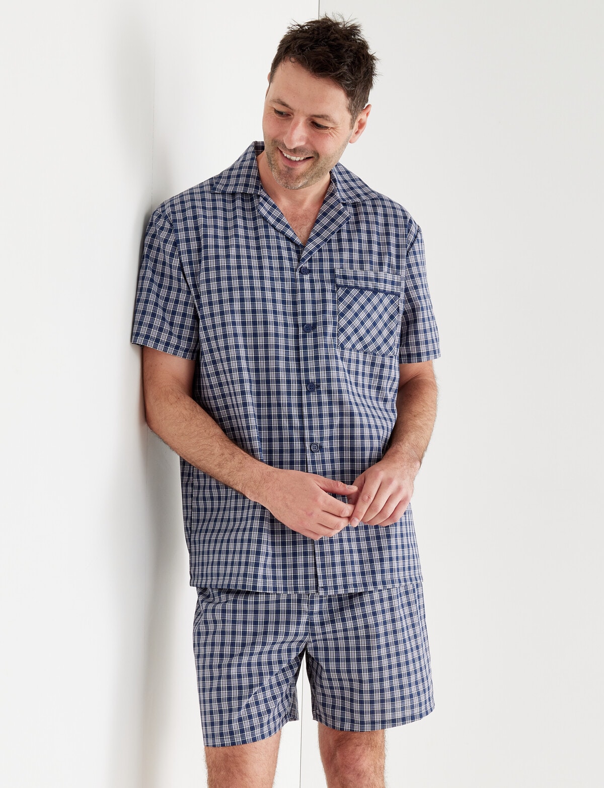 Chisel Woven Check Short PJ Set, Blue, Grey & White - Sleepwear