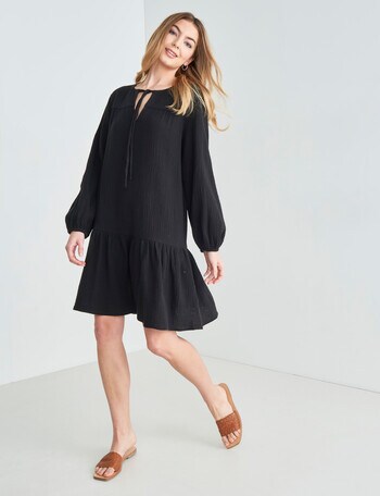 Zest Long Sleeve Cheesecloth Dress, Black product photo