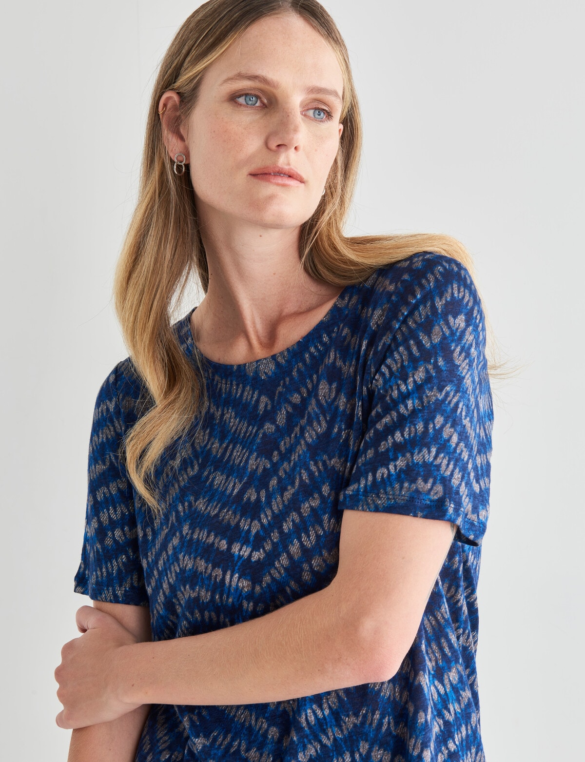 Jigsaw Zig Zag Linen Print Top, Blue Tops