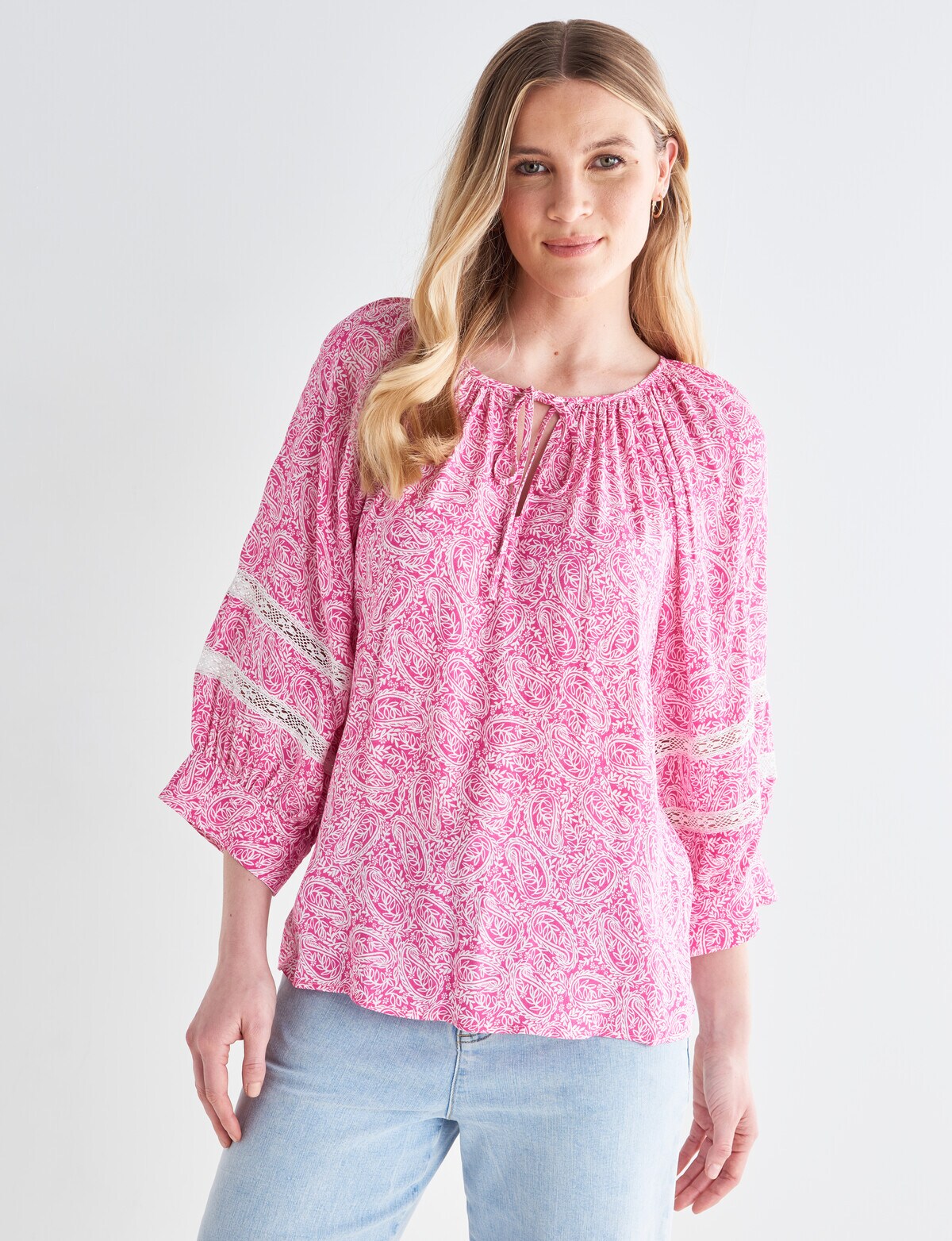 Whistle Floral Paisley 3/4 Sleeve Peasant Blouse, Pink Tops