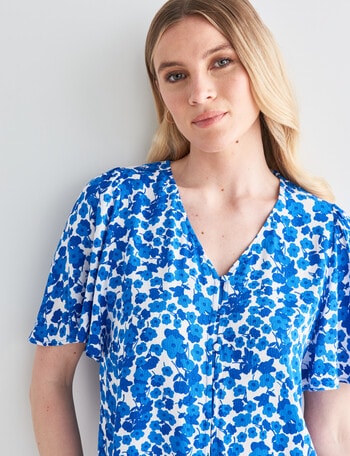 Whistle Floral Print Flutter Sleeve Top, Azure & White product photo