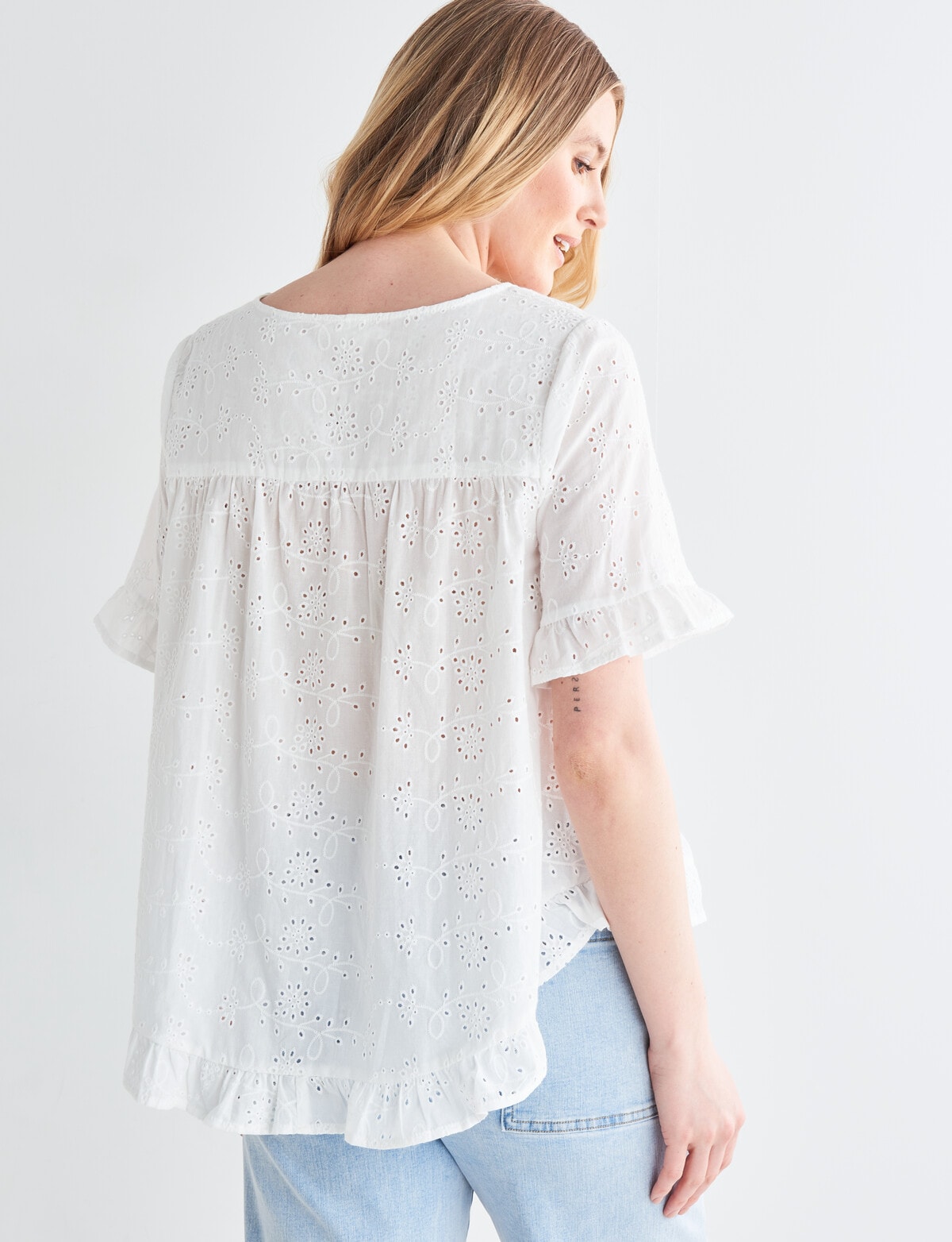 Whistle Embroidered Cotton Ruffle Tee, Ivory - Tops