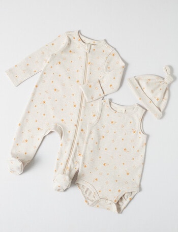 Little Bundle Stars and Moon All-Over Star Print Set, 3-Piece, Oat Marle product photo