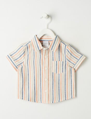 Teeny Weeny Stripe Linen Blend Short-Sleeve Shirt, Blue product photo
