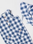 Little Bundle Check 2-Piece Shortall and Hat Set, Blue & White product photo View 02 S