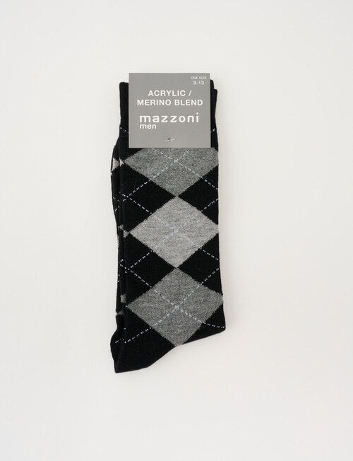 Mazzoni Argyle Acrylic & Merino-Blend Dress Sock, Black & Grey product photo View 02 L