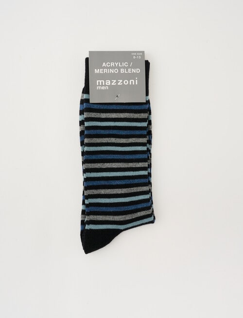 Mazzoni Striped Acrylic & Merino-Blend Dress Sock, Black, Blue & Grey product photo View 02 L