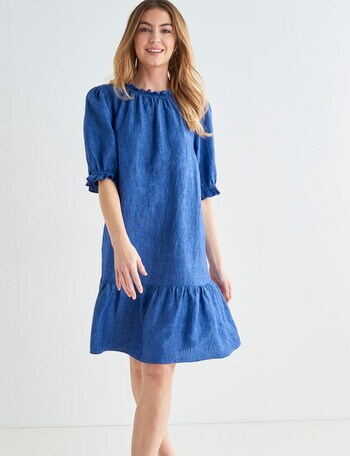 Zest Linen Frill Neck Dress, Ink Chambray product photo